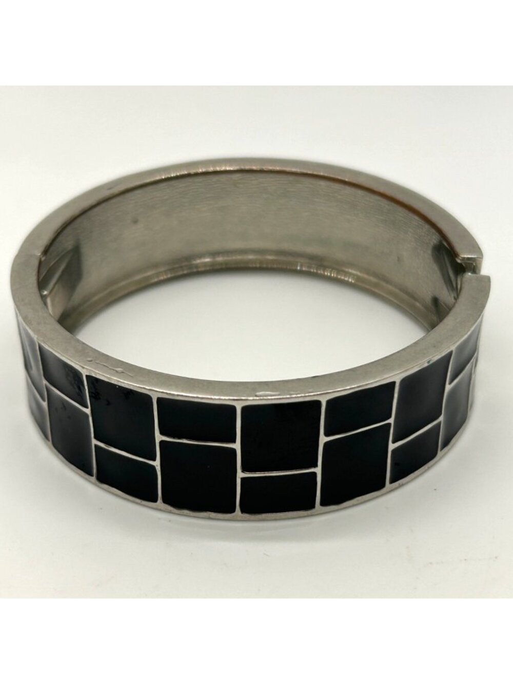 Vintage Modernist Silver-Tone Hinged Bangle With Black Enamel Geometric Inlay